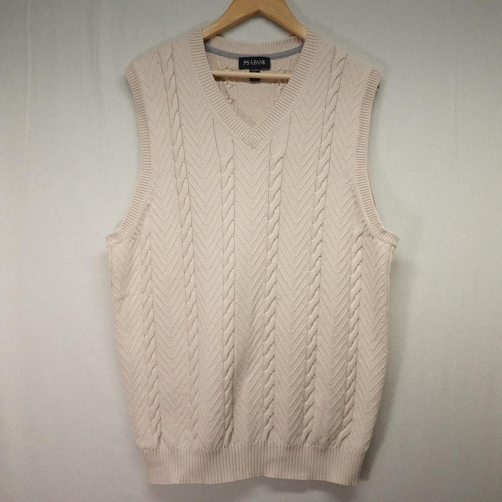 Jos A Bank Sweater Vest Mens 2XLT Cream Cotton Cable Knit V Neck Classic